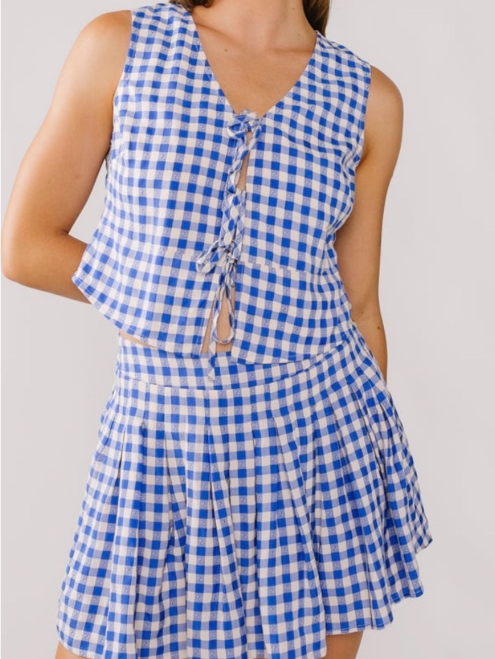 Vestique - Blue & White Gingham tie front Top and Pleated Skirt Set